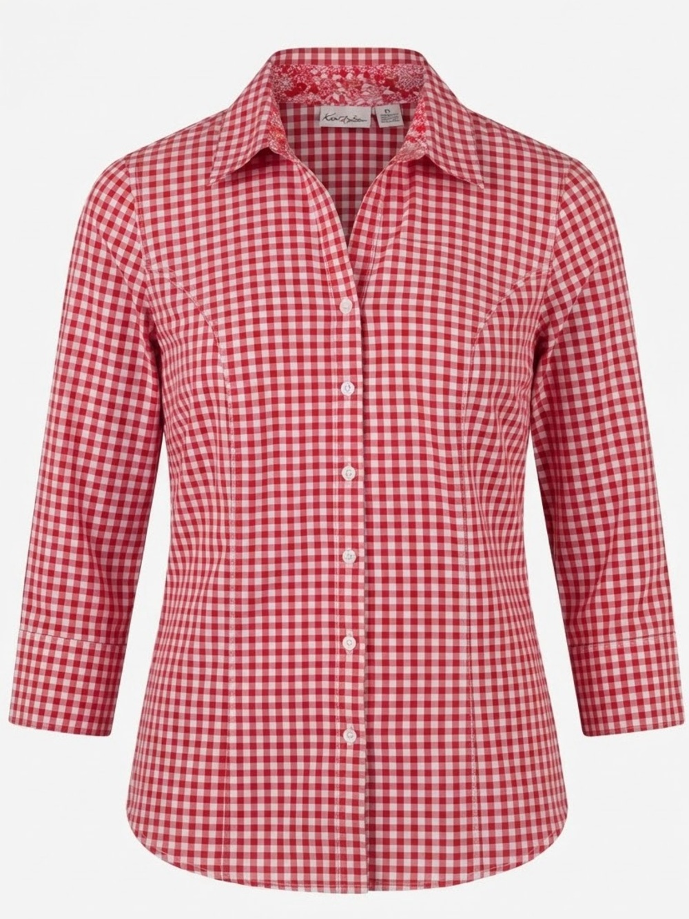Kim Rogers Red White Gingham Button Down Blouse 3/4 Sleeve Plaid Plaid Shirt
